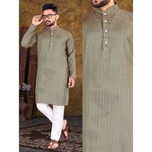 Kurta ผ้าฝ้ายสีทูโทนเรียบง่ายพร้อม payjama สีมะกอก - Product Image 1