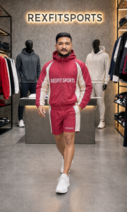 ชุดวอร์มกันลมไนลอนสีแดงครีมแบบกำหนดเองสำหรับผู้ชาย REXFIT SPORTS 2026 ชุด 2 ชิ้น เสื้อแจ็คเก็ตมีฮู้ดแบบซิป กางเกงขาสั้น ชุดกีฬาแบรนด์ส่วนตัว - Product Image 3