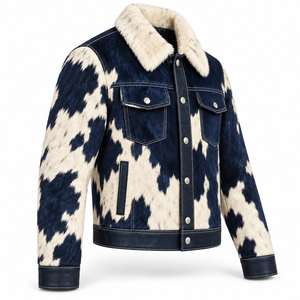 Chaqueta de Cuero Vacuno para Hombre con Botones Frontales, Estilo Western con Parches, Cuello de Felpa, Estilo Vaquero Corto, Ropa Exterior Retro Casual a la Moda - Product Image 3