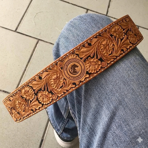 Genuine leather waist belt floral <b>engraved</b> <b>tooling</b> western cowboy vintage rustic handmade strap casual fashion accessory - Product Image 4