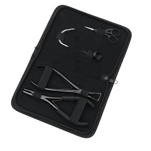 Kit complet d'outils pour extensions capillaires noir : Pince de retrait Microlink, Pince à sertir les perles, Pince à boucle de tirage, Mini ciseaux et Aiguilles à coudre - Product Image 1