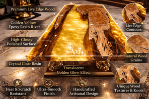 Plateau de table de luxe en bois massif à bords naturels et résine dorée effet rivière, idéal pour salle à manger ou bureau - Product Image 6