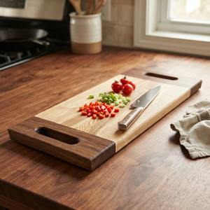 Planche à découper moderne en bois bicolore avec deux poignées intégrées et une finition à grain contrasté pour couper les légumes - Product Image 6