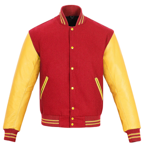 Men's <b>Red</b> And Yellow Varsity Jacket With Leather Sleeves Stand Collar Casual Style Autumn Wear - Product Image 4