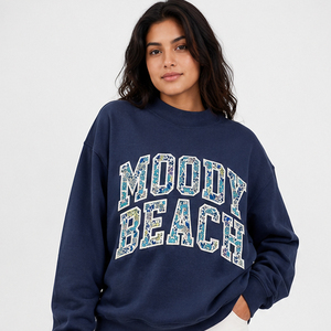 Moody Beach Letter Print Oversized Crew <b>Neck</b> Sweatshirt Applique Embroidery Sweatshirt Women Loose Fit <b>Mock</b> <b>Neck</b> Pullover - Product Image 3