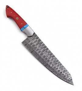Couteau de chef artisanal en acier Damas martelé avec manche en résine nid d'abeille rouge - Product Image 6