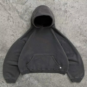 Unisex <b>Navy</b> Blue Oversized Crop Hoodie Regular Sleeve Solid Color Pocket Front Casual Hooded Sweatshirt Autumn Knitted Fleece - Product Image 1