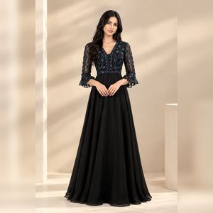 <b>Black</b> Floral Embroidered <b>Evening</b> <b>Dress</b> | V-Neck <b>Long</b> <b>Sleeve</b> Tiered A-Line Floor Length Gown with Sheer Bodice for Formal Events - Product Image 2