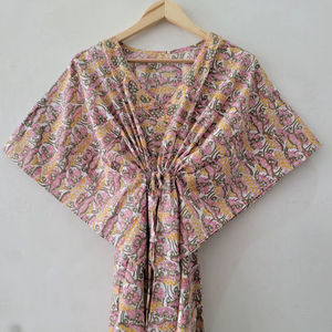 Elegante Caftán de Algodón con Estampado Floral Hecho a Mano para Mujer, Cuello en V, Cintura Alta, Mangas de Kimono Fluidas, Transpirable, para Verano - Product Image 1