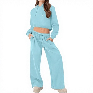 Conjunto de 2 Piezas de Felpa Azul Claro para Mujer, Top Corto con Capucha y Pantalones Anchos, Estilo Casual Holgado para Todas las Temporadas, Sudadera de Color Sólido - Product Image 3