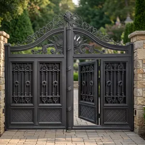 Luxury Black Wrought Iron Double <b>Swing</b> Main Gate with Ornate Scrollwork Arched Crown <b>and</b> Integrated Pedestrian Door - Product Image 2