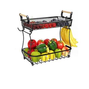 Cesta de frutas de 2 niveles para encimera de cocina con 2 colgadores para plátanos, cesta de pan metálica para encimera con asa de madera - Product Image 1