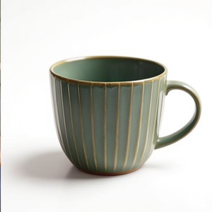 Groovy Green Ribbed Ceramic Coffee Mugs Handmade Striped Mug <b>Set</b> of 4 <b>Microwave</b> Safe Tea and Cappuccino Cups - Product Image 3