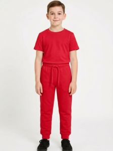 Ensemble de survêtement en coton rouge pour garçons, t-shirt à col rond, pantalon de jogging, couleur unie, vêtements décontractés, saison printemps, tenue pour enfants - Product Image 1