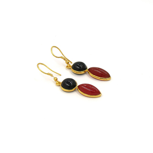 Natural <b>Black</b> Onyx & Carnelian Dangle <b>Earrings</b> Handmade Gold Plated Gemstone Drop <b>Earrings</b> Round Marquise Statement Jewelry - Product Image 3