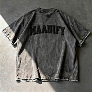 Camiseta de Manga Corta para Hombre, Estilo Streetwear, Personalizada, Vintage, con Bordado Chenille, Corte Cuadrado, Lavado Ácido, Efecto Desgastado, Textura Waffle, Venta al Por Mayor - Product Image 4