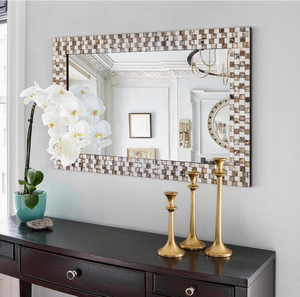 Espejo de Pared Rectangular de Mosaico Beige Marrón Hecho a Mano con Marco de Azulejos Geométricos de Vidrio, Elegante Espejo de Baño para un Toque de Lujo - Product Image 5