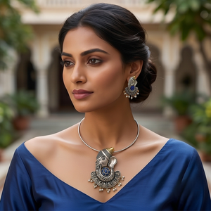 DIVYORO Women's Royal Blue Embellished Ganesha Pendant Oxidized <b>Long</b> Adjustable Length <b>Necklace</b> and Earrings Set - Product Image 4