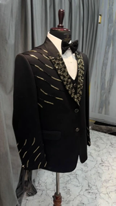 Men’s Black Designer Tuxedo Suit with Sequin Embroidered Lapel – Wedding Party Blazer with Vest & Bow Tie - Product Image 2