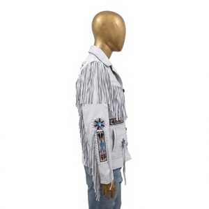 Custom OEM Unisex White Leather <b>Punk</b> Rock <b>Jacket</b> Breathable Front Logo Fringed & Studded Traditional Coat Wholesale - Product Image 3