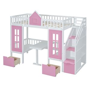 Lit superposé double avec table transformable, lit pour enfants avec lit supérieur rose et bureau inférieur - Product Image 3