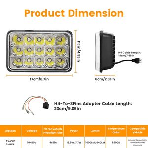 Fari LED 4x6 pollici con luce bianca abbagliante/anabbagliante per veicoli, attacco H4, adattatore da H4 a 3 pin, impermeabili IP68 - Product Image 3