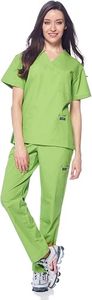 Conjunto de uniforme médico para mujer Harvest, verde lima, con blusa de cuello en V y pantalón, de algodón y poliéster tejido, con detección de agujas - Product Image 4
