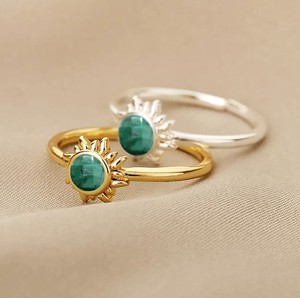 6 MM Dyed Emerald Gemstone Sunburst <b>Rings</b> - Gold Plated <b>Adjustable</b> <b>Ring</b> for Women Jewelry - Product Image 1