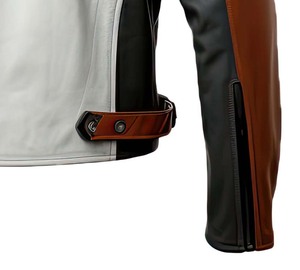 Veste de moto pour homme en cuir véritable marron et gris, coupe-vent, avec patchwork brodé, col rabattable et fermeture éclair - Product Image 5