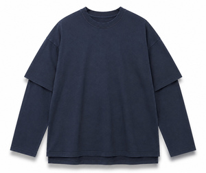 T-shirt décontracté en coton à manches longues superposées pour homme, coupe oversize, avec logo frontal, anti-boulochage, style urbain, tissu tricoté 220g - Product Image 1