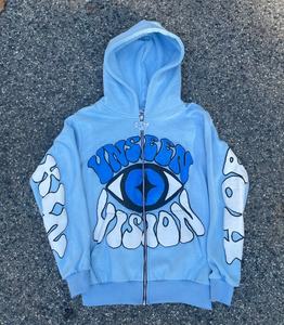 Sweat à capuche zippé personnalisable de haute qualité, couleur unie, impression 3D en relief, col anti-rétrécissement, 100 % coton, collection Printemps - Product Image 5