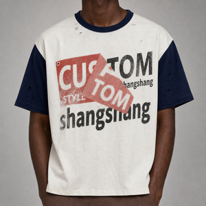 T-shirt à manches courtes pour homme, style personnalisé, blanc avec bordure contrastée rouge, motif imprimé, col rond, tissu jersey décontracté - Product Image 2