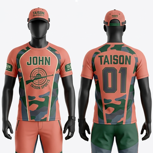 Maillot de tir pour homme en micro-polyester premium 180 GSM, panneaux camouflage orange et vert, sublimation, broderie, logo personnalisé - Product Image 1