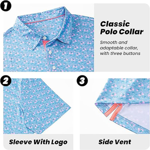 Polo à manches courtes pour homme, imprimé floral bleu clair, coupe classique, tissu Oxford tissé décontracté, coton respirant - Product Image 3