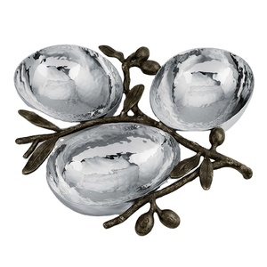 Handcrafted Silver 3-Bowl Condiment Server Antique Bronze Branch Base Triple Nut Dish Artistic <b>Tabletop</b> Metal Serving Platter - Product Image 1