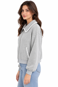 Blouson Bomber en Polaire Gris Clair Premium pour Femme avec Col Contrastant Élégant et Bordure de Poche, Manches Longues, Fermeture Éclair sur le Devant - Product Image 2