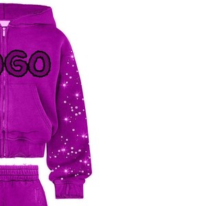 Girls <b>Purple</b> <b>Glitter</b> Tracksuit Set Hooded Zipper Jacket Pants Casual Loose Fit Full Sleeve Dot Pattern Autumn Wear Mens Rhines. - Product Image 6