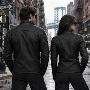 Veste de motard unisexe en cuir noir avec fermeture éclair asymétrique et col à revers clouté - Product Image 4
