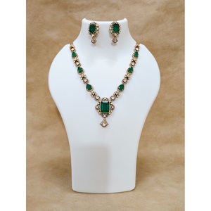 925 <b>Silver</b> Victorian Polki CZ Large Emerald Square Cut Pendant <b>Necklace</b> Earring <b>Set</b> Indian Bridal Handmade Antique Gold Plated - Product Image 1