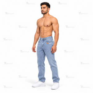 Men's High Waist Stonewashed Denim Jeans Straight Fit Light Blue Cotton Casual Pants With Rivets Button Fly Denim Jeans - Product Image 4