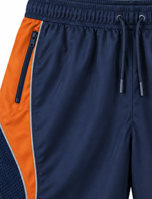 <b>Mens</b> Navy <b>Orange</b> Breathable Sport <b>Shorts</b> Mesh Side Panels Front Logo Elastic Drawstring Waist Zip Pockets for Running Training - Product Image 3
