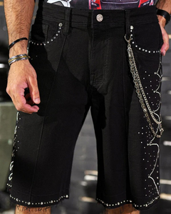 Pantalones Cortos Bermuda Negros Estilo Punk para Hombre, Cintura Alta, Remaches, Cadena, Bordado con Patrón Geométrico, Material de Lona, Cierre de Botones - Product Image 2