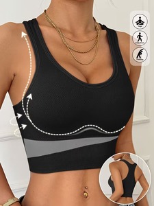 Soutien-gorge de sport sans couture pour femme |   Débardeur de sport noir bicolore |   Soutien-gorge de sport rembourré en nylon et élasthanne avec rayures grises - Product Image 6