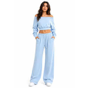 Conjunto de Sudadera con Hombros Descubiertos, Sudaderas Oversize, Chándal de Forro Polar Corto Personalizado, Conjunto de Pantalones de Pierna Ancha, Fabricante OEM, Ajuste Relajado - Product Image 1