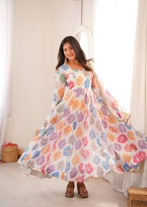 Kurta de Algodón con Estampado Floral para Mujer, Corte Holgado, Largo hasta el Suelo, Estilo Étnico Informal, Estilo Indio Pakistaní de Verano - Product Image 1
