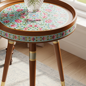 Floral Meena Wooden <b>Stool</b> Handcrafted <b>Round</b> Decorative Accent <b>Stool</b> with Traditional Hand Painted Design - Product Image 3