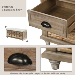 Rustic 3-Drawer <b>Storage</b> Bench with 3 Rattan <b>Baskets</b> Living Room Furniture <b>for</b> Entryway or Shoe Organization - Product Image 6