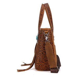 Sac fourre-tout en cuir pour femme style western, détails outillés, franges, pierre turquoise, concho, fermeture éclair, pliable, élégant sac à main de cowgirl - Product Image 2