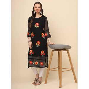 FANCY GEORGETTE LUCKNOWI CHICKENKARI WORK ONLY <b>KURTI</b> BLACK - Product Image 1