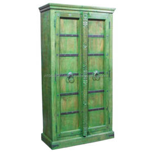 Armario industrial de madera de mango macizo con estante para vino y Rueda, estilo intage, color verde rústico - Product Image 1